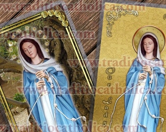 Our Lady Undoer of Knots laminated Catholic Holy Cards. Statue of Mary collection. Untier of Knots Statue Art.