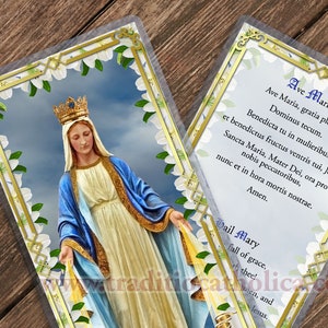 Ave Maria, wees gegroet Traditioneel katholiek Latijn gelamineerde heilige gebedskaart. Inclusief Engels.