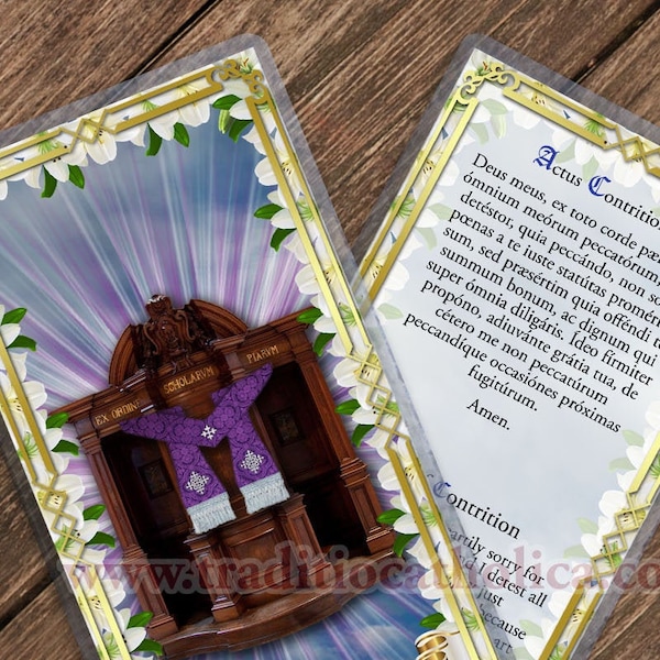 Actus Contritionis, Act of Contrition Traditional Catholic Latin laminated Holy Prayer card. Includes English.