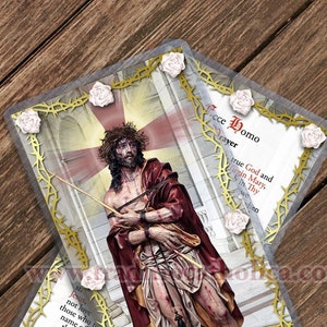 Ecce Homo Jesus Katholieke Heilige gebedskaart. Zie de gebedskaart van de man. Jezus-collectie.