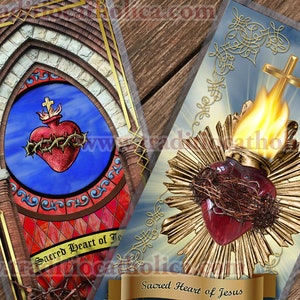 Sacred Heart of Jesus stained glass and sculpture laminated Catholic Holy Prayer Cards.
