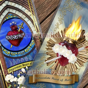 Estampas sagradas laminadas con vidrieras y esculturas del Inmaculado Corazón de María. Estampa sagrada de María