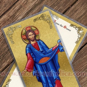 Jezus de zaaier Oosterse kerk pictogramstijl katholieke heilige gebedskaart. Jezus heilige kaarten.