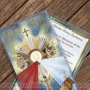 Divine Mercy Eucharist Adoration laminated Holy Prayer card. Prayer to Jesus. Adoration prayer. Monstrance with face of Jesus.