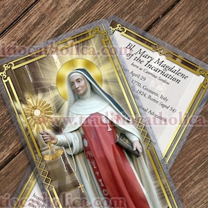 Carte de prière plastifiée de la Bienheureuse Marie-Madeleine de l'Incarnation, Italie. Bl. Statue de Marie-Madeleine Art.