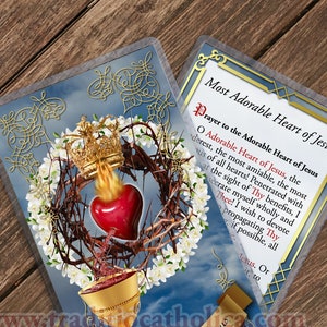 Cartão de Oração Católica Laminado do Adorável Coração de Jesus. Coleção Heaven Card. 5 mil de espessura.