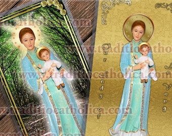 Our Lady of La Vang laminated Catholic Holy Cards. Mary Our Lady of La Vang statue Art.