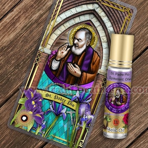 Saint Padre Pio Relic holy prayer card and relic anointing oil. St. Padre Pio 3rd class relic for healing. Anxiety relief.