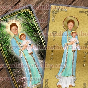 Our Lady of La Vang laminated Catholic Holy Cards. Mary Our Lady of La Vang statue Art.