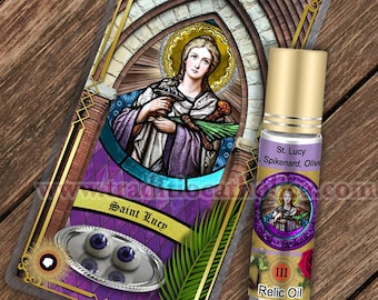 Saint Lucy of Syracuse Relic holy prayer card and relic anointing oil. St. Lucy 3rd class relic for healing. Eye disorders, vision.