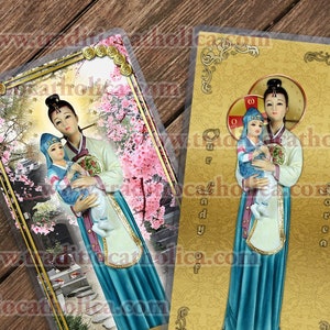 Our Lady of Korea, laminated Catholic Holy Prayer Cards.  Our Lady of Korea Statue Art.