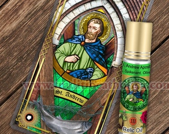 Saint Andrew Apostle Relic holy prayer card and relic anointing oil. St. Andrew 3rd class relic for healing. Seizures, neck pain, throat.