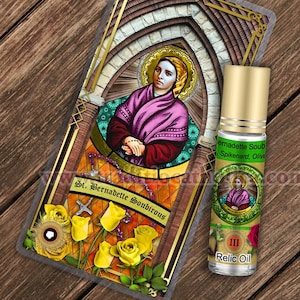 Saint Bernadette Soubirous Relic holy prayer card and relic anointing oil. St. Bernadette 3rd class relic for healing. Body illness.