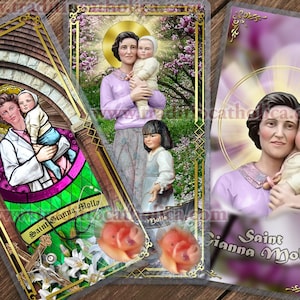 Saint Gianna Beretta Molla vitrail et statues d'art plastifiées cartes de prière catholique. Cartes de prière pro-vie.