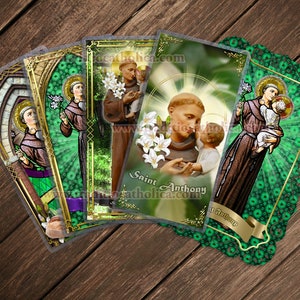 Saint Anthony, lost articles - Stained Glass and statue laminated Holy Prayer cards. Intercession prayers to St. Anthony