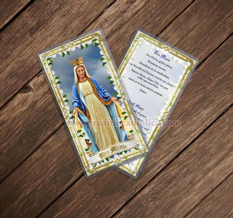 Ave Maria, Hail Mary Traditional Catholic Latin laminated Holy Prayer card. Includes English. image 1