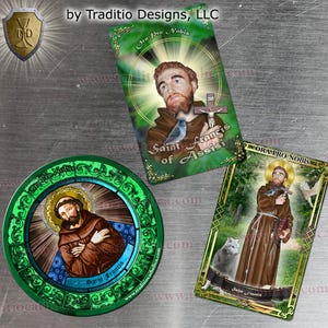 Saint Francis of Assisi, patron of animals Stained Glass round and rectangular refrigerator magnets. St. Francis stained glass art.