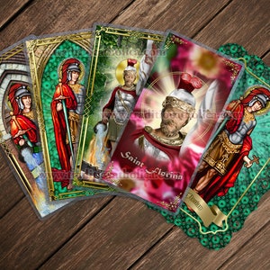 Saint Florian laminated Holy prayer cards.  Patron saint of Firefighters. St. Florian Statue  and Stained Glass Art.