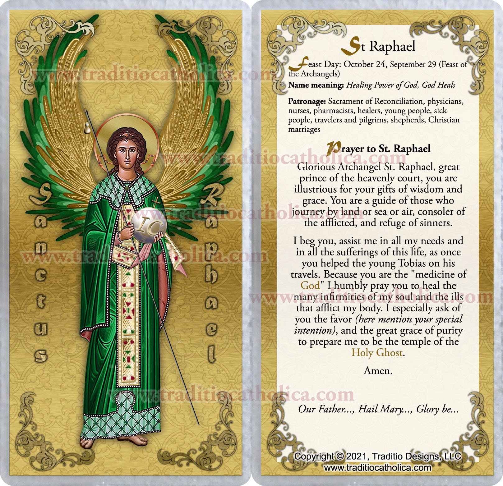 St. Saint Raphael Archangel Laminated Holy Prayer Cards. Etsy