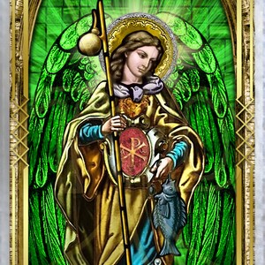 May include: A stained glass image of Saint Raphael, an angel with green wings, holding a staff and a fish. The image is set against a green and gold background with the text "Saint Raphael" at the bottom.
