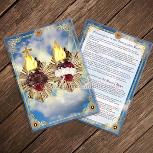 Two Hearts Relic Consecration prayer card. Sacred Heart & Immaculate Heart