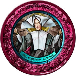 Saint Catherine Laboure Stained Glass round 4 inch refrigerator magnet. St Catherine Laboure stained glass art.