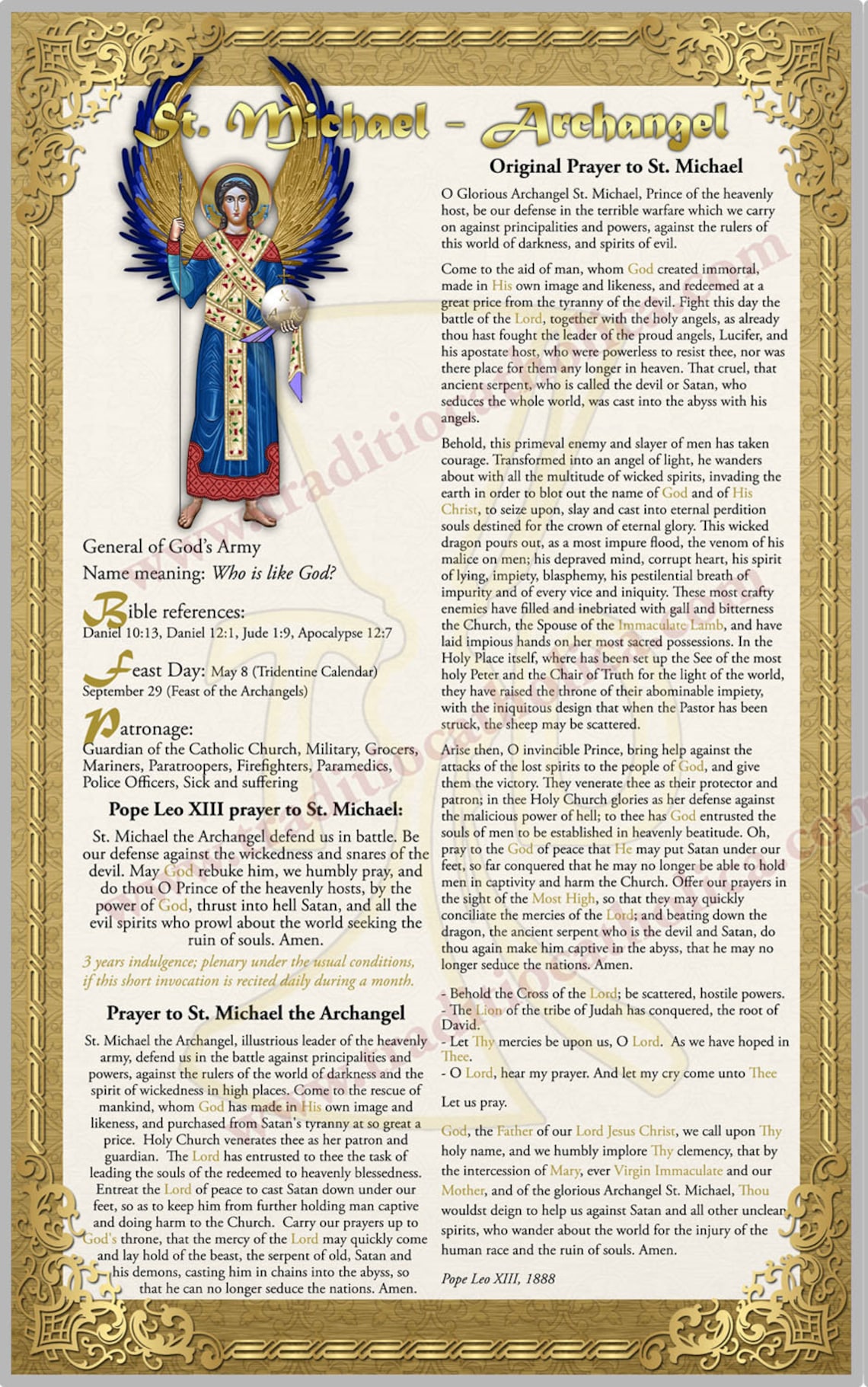 Saint Michael the Archangel Large Laminated Icon Style Holy Prayer Card ...