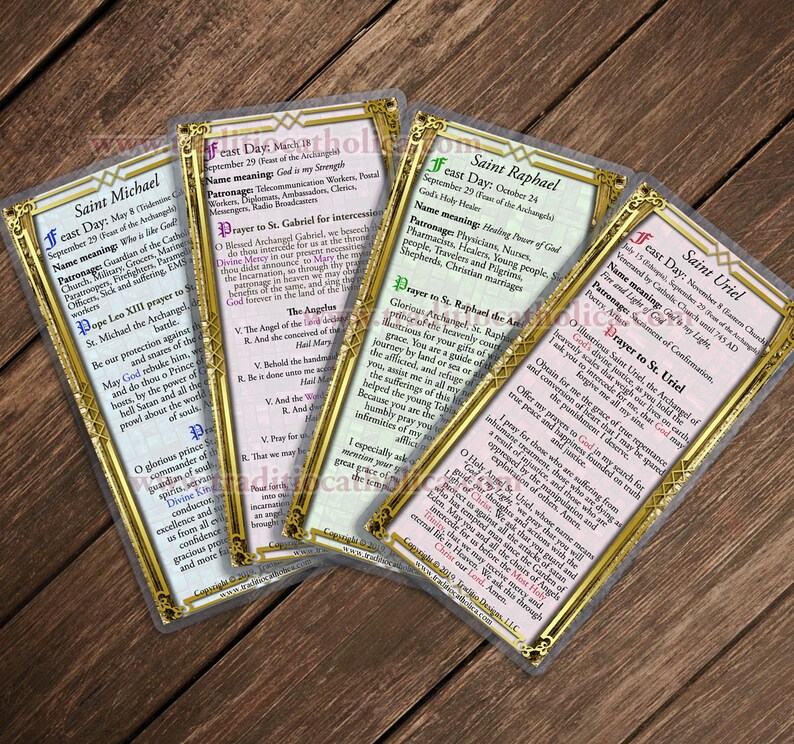 May include: Four gold-trimmed cards with images of angels and text about their feast days, names, and patronages. The cards include Saint Michael, Saint Raphael, Saint Uriel, and Saint Gabriel.