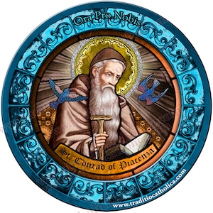 Saint Conrad of Piacenza, patron of hernias Stained Glass round 4 inch refrigerator magnet. St. Conrad stained glass art.