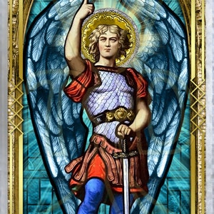 Four Archangels in full stature Stained Glass laminated Holy card set. Saint Uriel, Saint Michael, Saint Raphael, Saint Gabriel. image 3