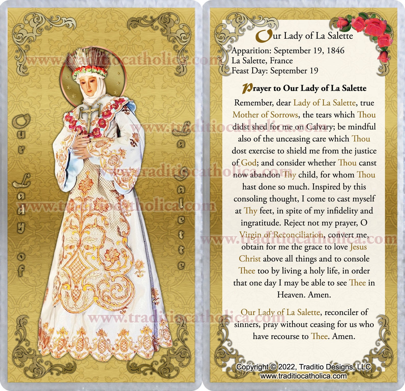 Our Lady of La Salette Laminated Catholic Holy Prayer Cards. Statue of