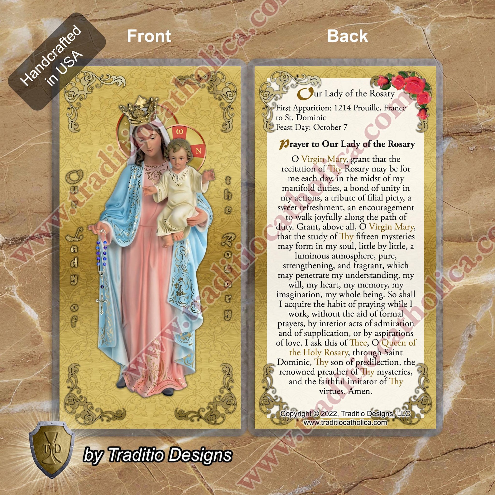 Our Lady of the Rosary, France Laminated Catholic Holy Cards. Statue of ...