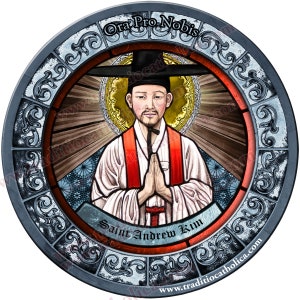 Santo Santo André Kim Taegon da Coreia Vitral redondo ímã de geladeira personalizado de 4 polegadas.