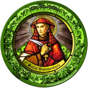Saint Bonaventure, patron of intestinal problems Stained Glass round 4 inch refrigerator magnet. St Bonaventure stained glass art.