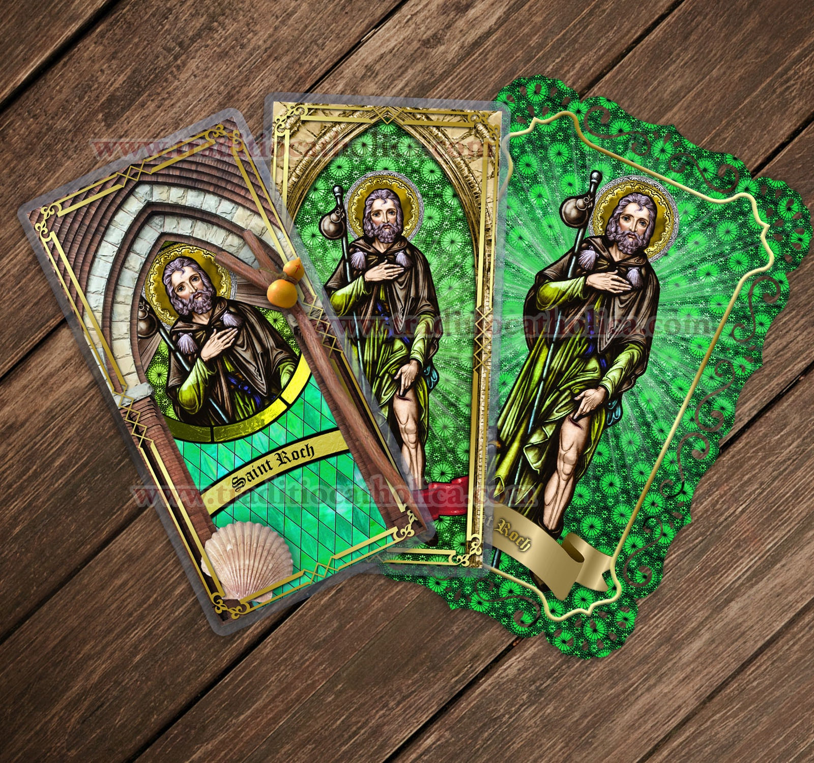 Saint St Roch (Rocco), patron saint of pandemics and knee problems Stained Glass laminated Holy Prayer card. Stained Glass Card Collection.