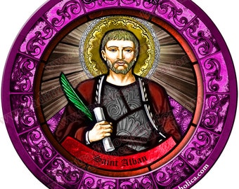 Saint Alban, patron of converts and refugees Stained Glass round 4 inch refrigerator magnet. St. Alban stained glass art.