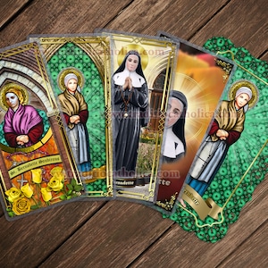 Saint Bernadette Soubirous laminated Holy Prayer cards. Lourdes France. French Saint Stained Glass and Statue Card of St. Bernadette