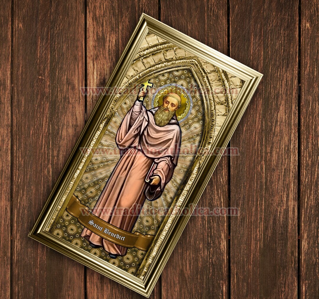 Saint Benedict of Nursia Stained Glass Handcrafted Framed Print. 7x14 ...