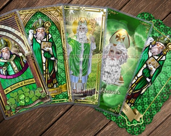 Saint St Patrick of Ireland Stained Glass and statue art laminated Holy Prayer cards. Irish Saint.