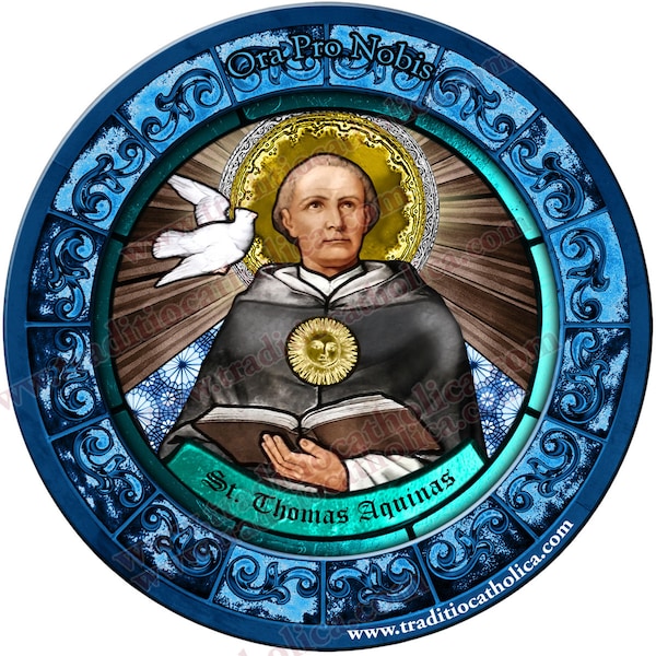 Saint Thomas Aquinas, doctor of the Church Stained Glass round 4 inch refrigerator magnet. St. Thomas Aquinas stained glass art.