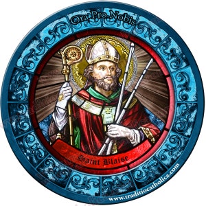 Saint Blaise, patron of throat problems Stained Glass round 4 inch refrigerator magnet. St. Blaise stained glass art.