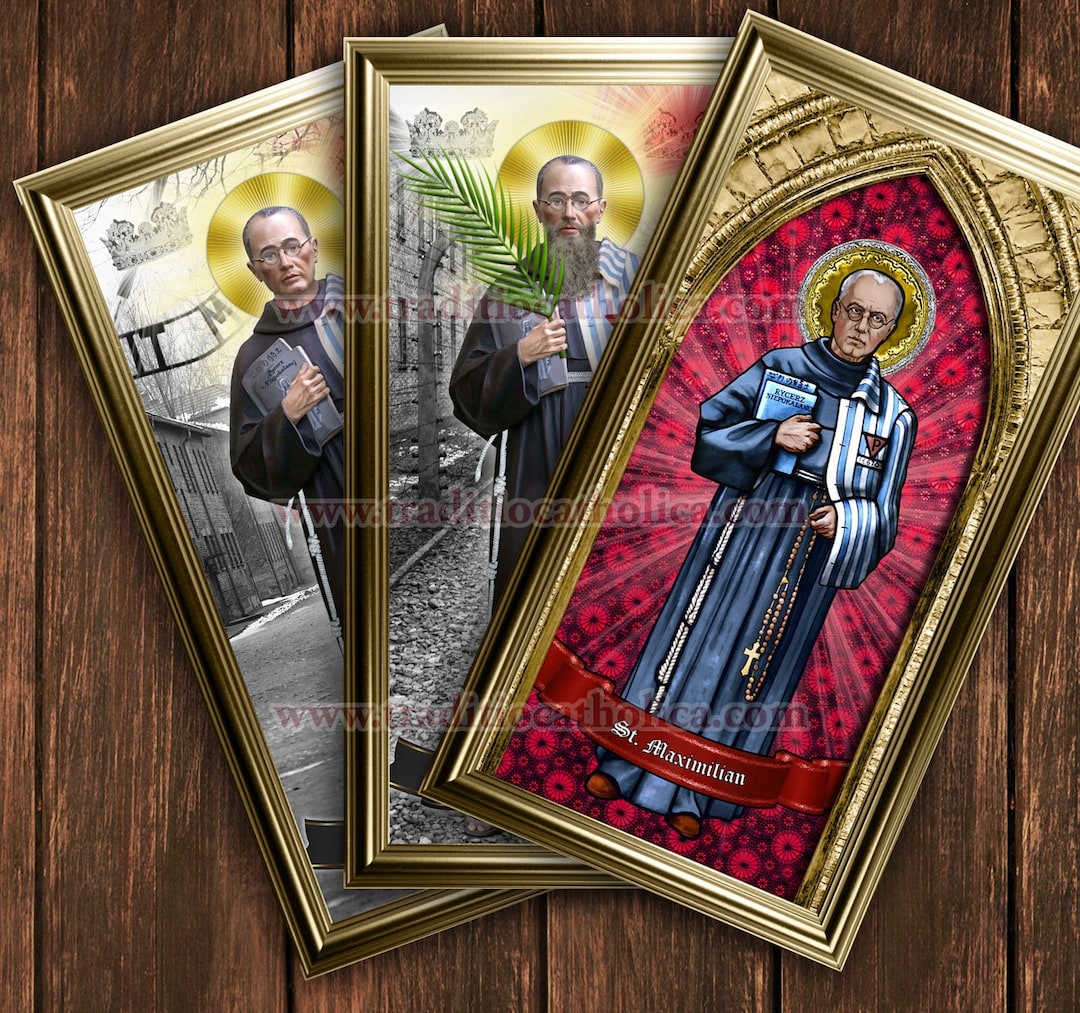 Heiliger Maximilian Kolbe Gebetskarten-Set – Mit Medaillen & Vaterunser-Karte, 7-teilig, Laminierte Karten