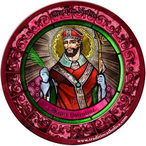 Sint Valentijn van Rome, beschermheer van epilepsie, flauwvallen, liefde en verloofd glas-in-lood ronde magneet van 10 cm. Sint-Valentijn glas-in-loodkunst.