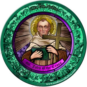 Vitral São João da Cruz redondo com imã de geladeira de 4 polegadas. Arte em vitral de São João da Cruz.