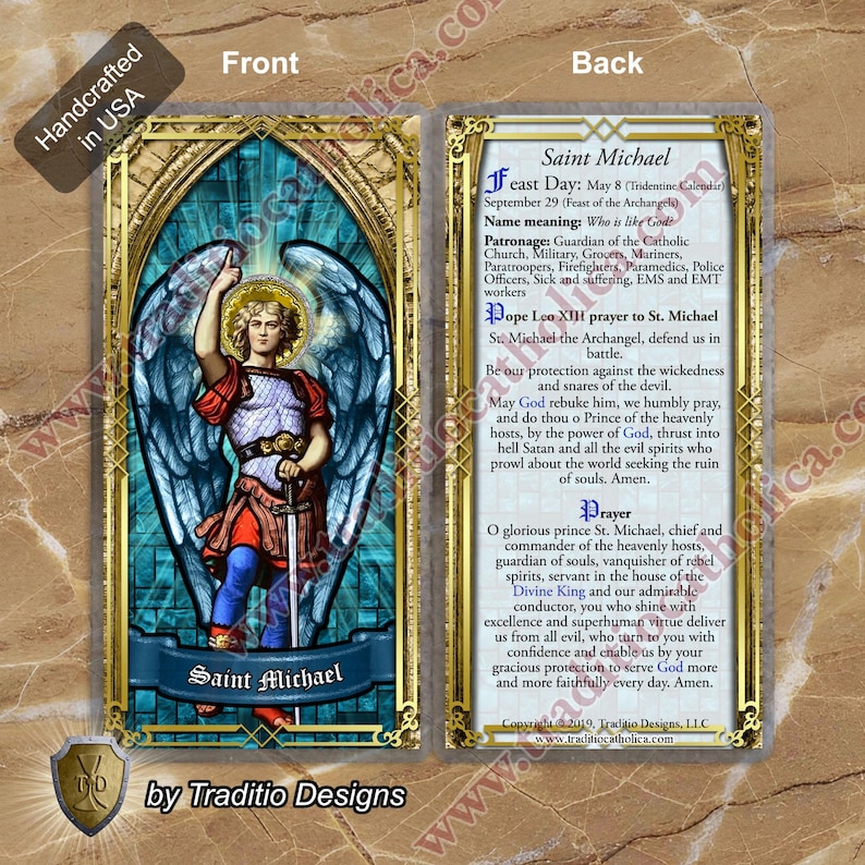 St. Saint Michael Archangel Laminated Holy Prayer Cards. Stained Glass ...