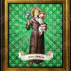 Saint Anthony of Padua full stained glass design handcrafted framed prints. St. Anthony of Padua prints.