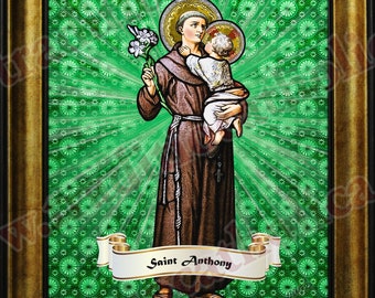 Saint Anthony of Padua full stained glass design handcrafted framed prints. St. Anthony of Padua prints.