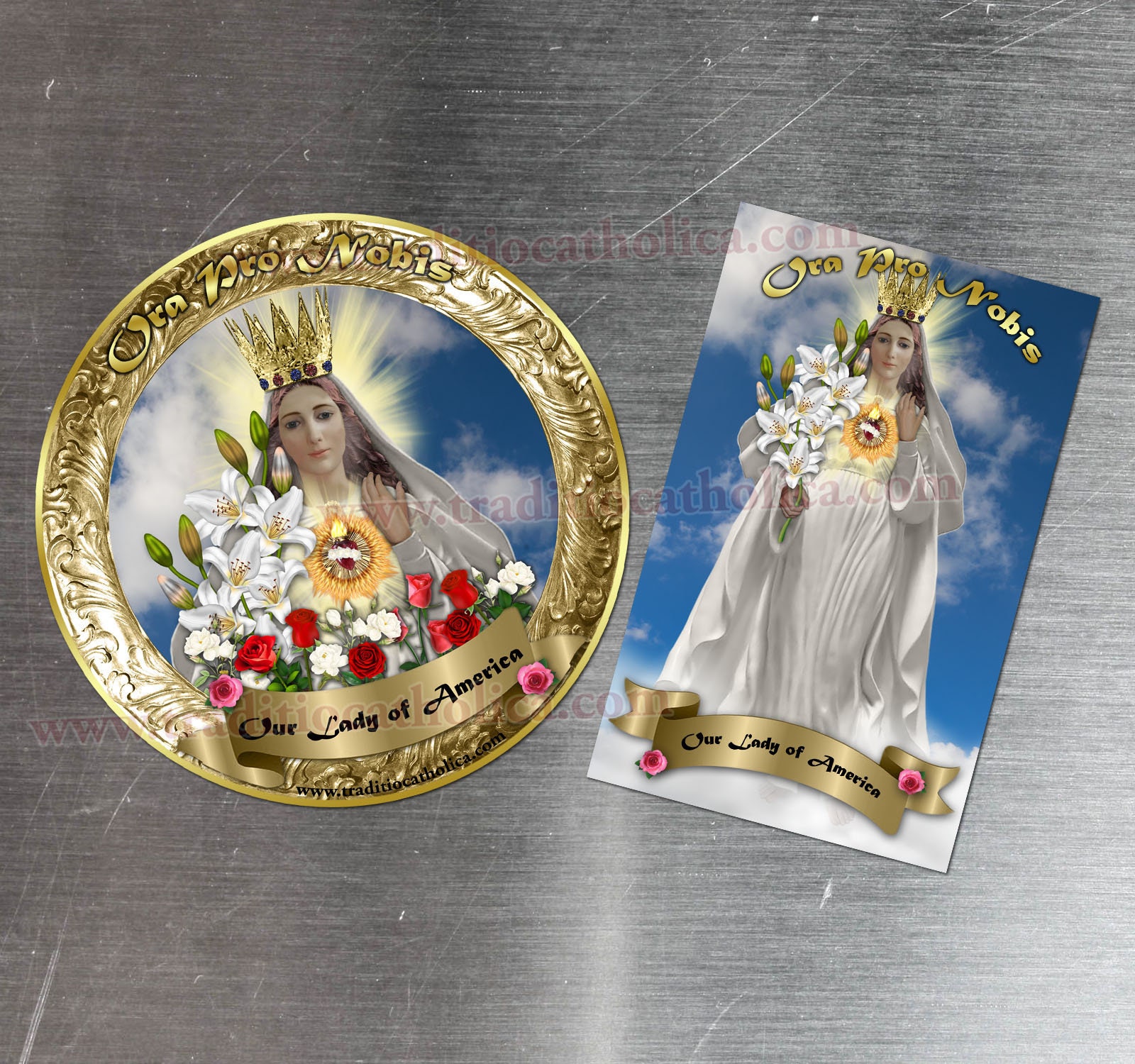 Virgin of Revelation Rome Italy gold round 4 inch custom refrigerator magnet.