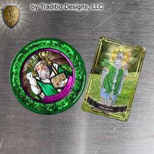 Saint Patrick of Ireland Stained Glass round 4 inch and rectangular custom refrigerator magnets.