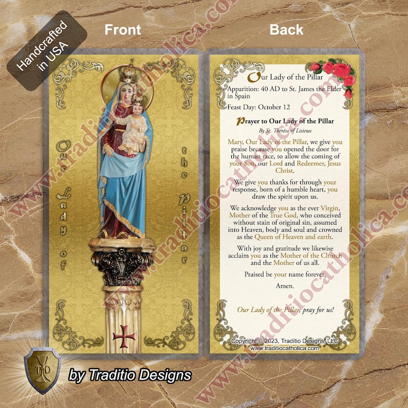 Our Lady of the Pillar Laminated Catholic Holy Prayer Cards. Statue of ...